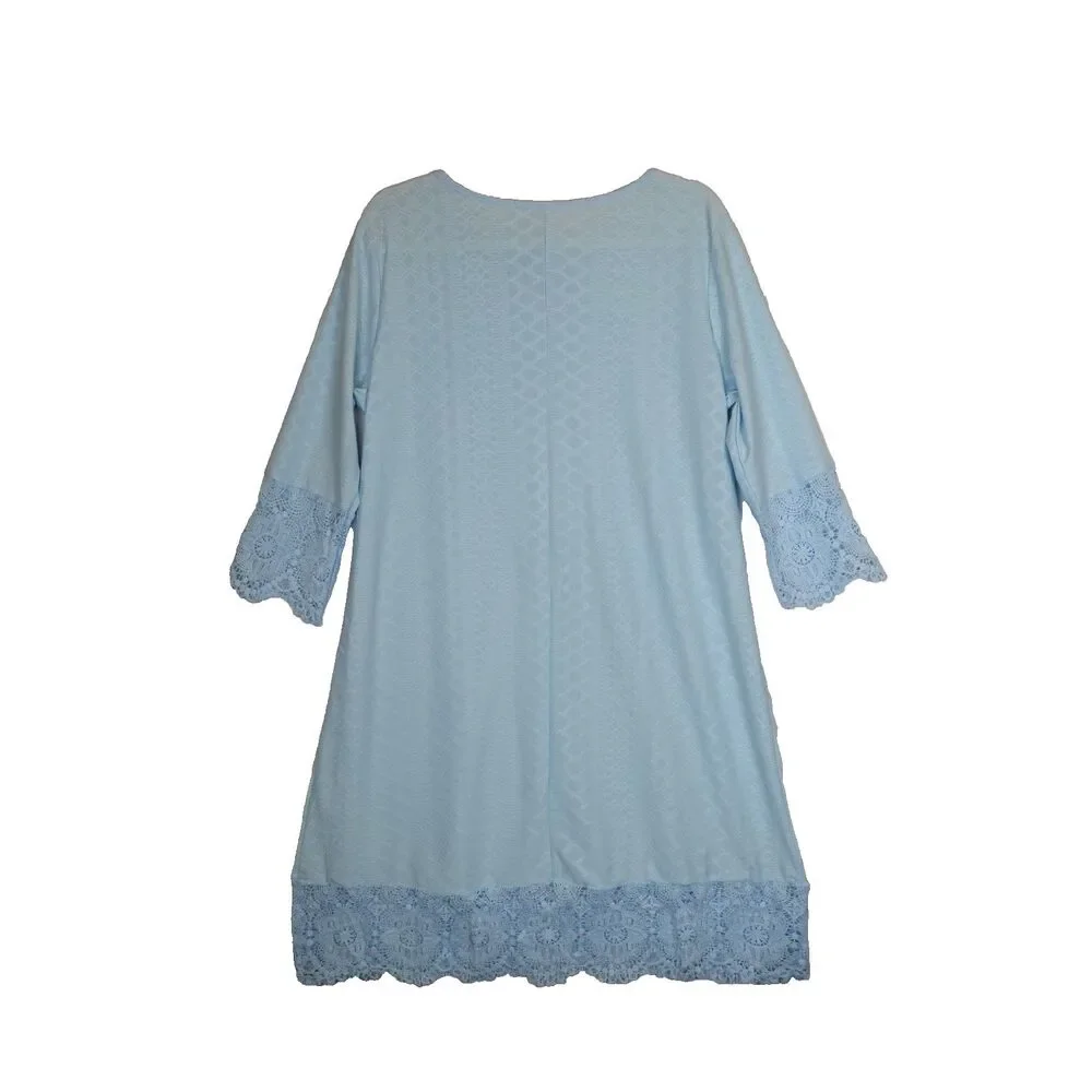Swimsuit Cover Up Women Plus 1XL Blue Lace Crochet 3/4 Sleeves Resort Wear Beach